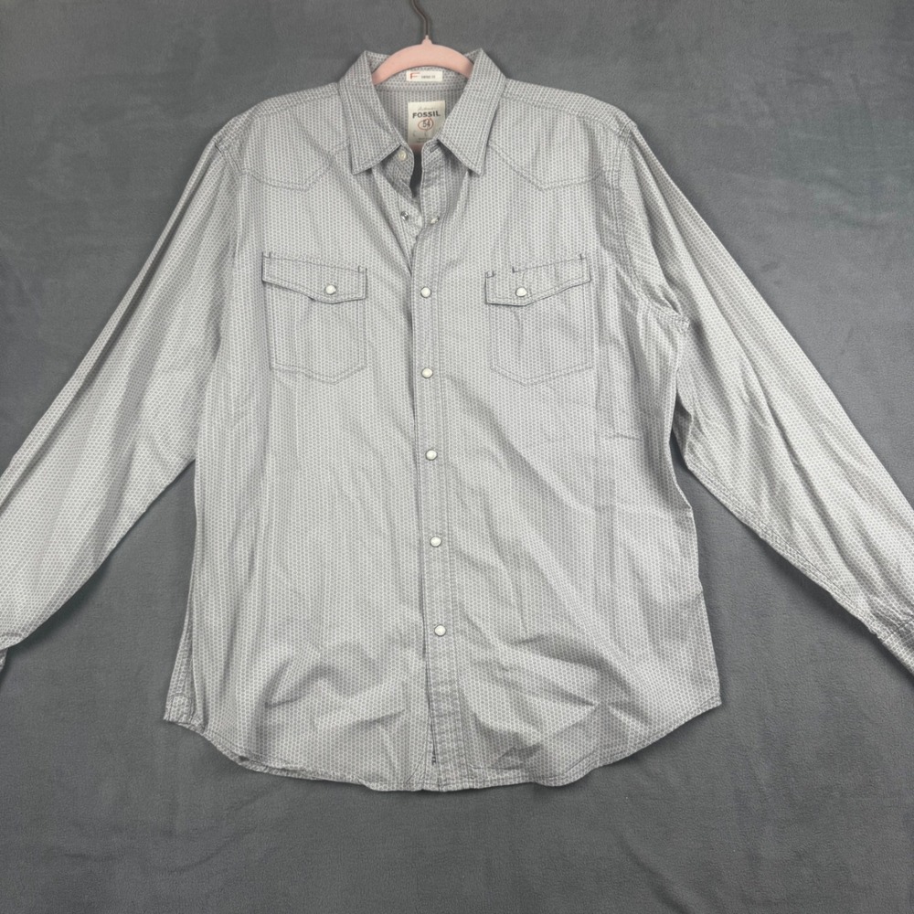 Fossil 54 Mens Vintage Fit Grey Geometric Pearl Snap Western Shirt Large